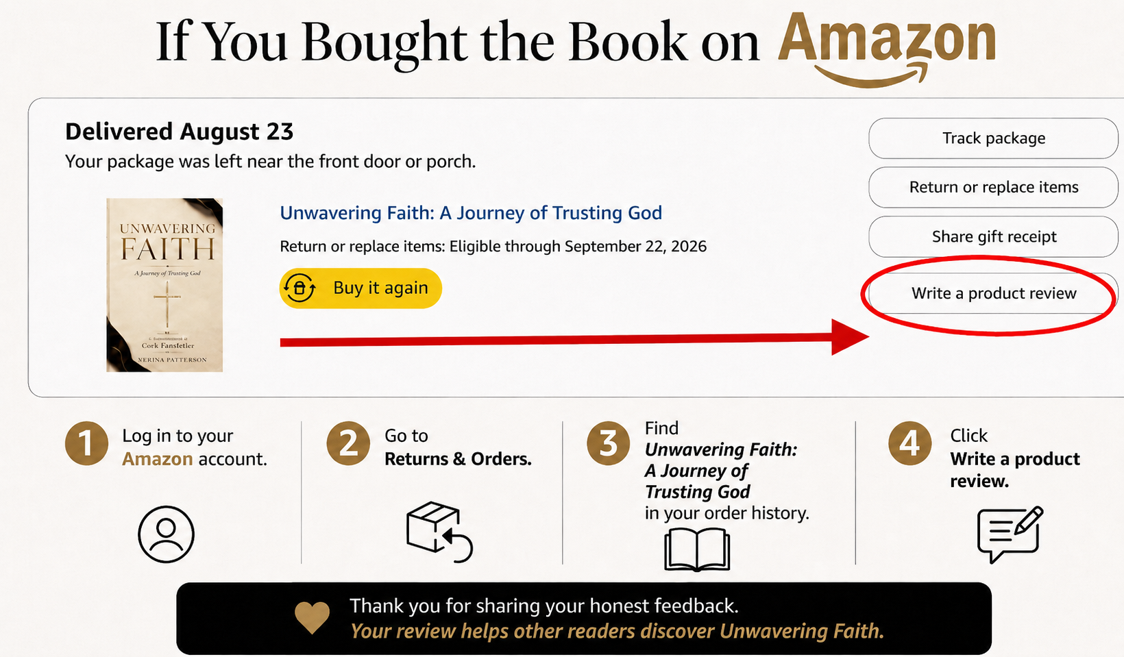 Instructions for leaving a review on Amazon: log in to your Amazon account, go to Returns & Orders, find Unwavering Faith in your order history, and click Write a product review.