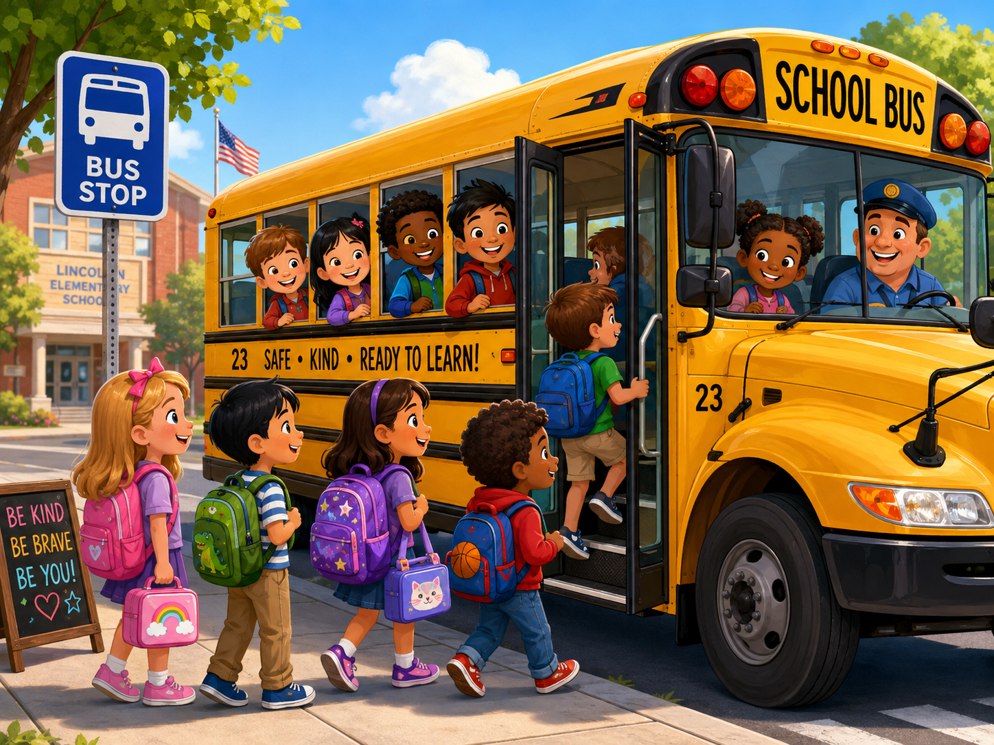 Multicultural children with backpacks and lunch boxes boarding a yellow school bus