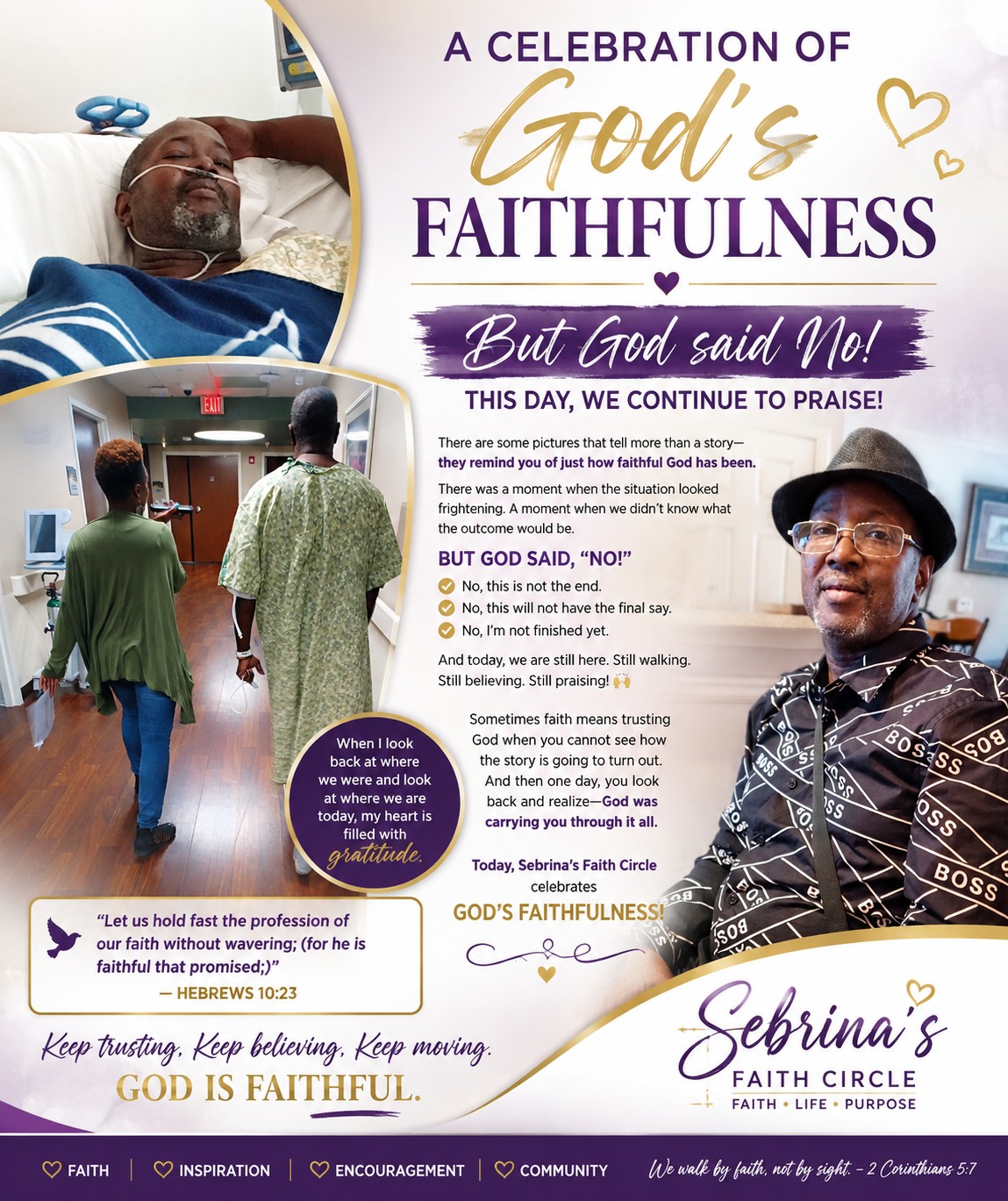 A celebration graphic titled 'A Celebration of God's Faithfulness,' featuring family photos and a Scripture verse from Hebrews 10:23