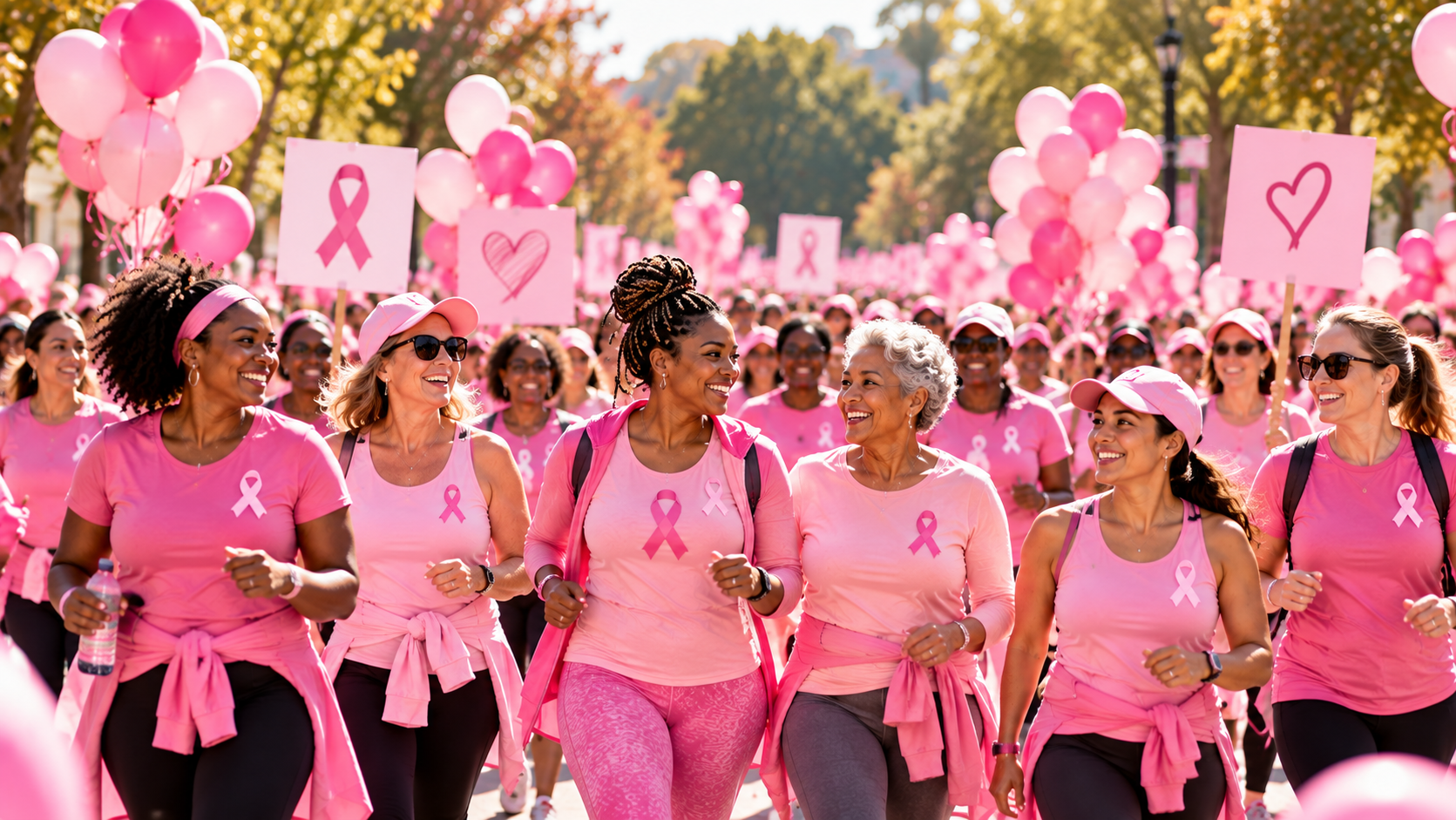 An illustrative image representing community members walking together in support of breast cancer awareness
