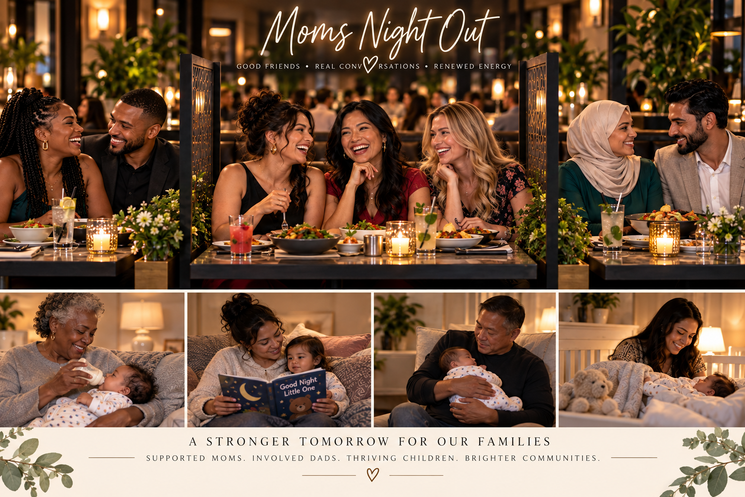 Moms Night Out campaign collage: good friends, real conversations, renewed energy, a stronger tomorrow for our families