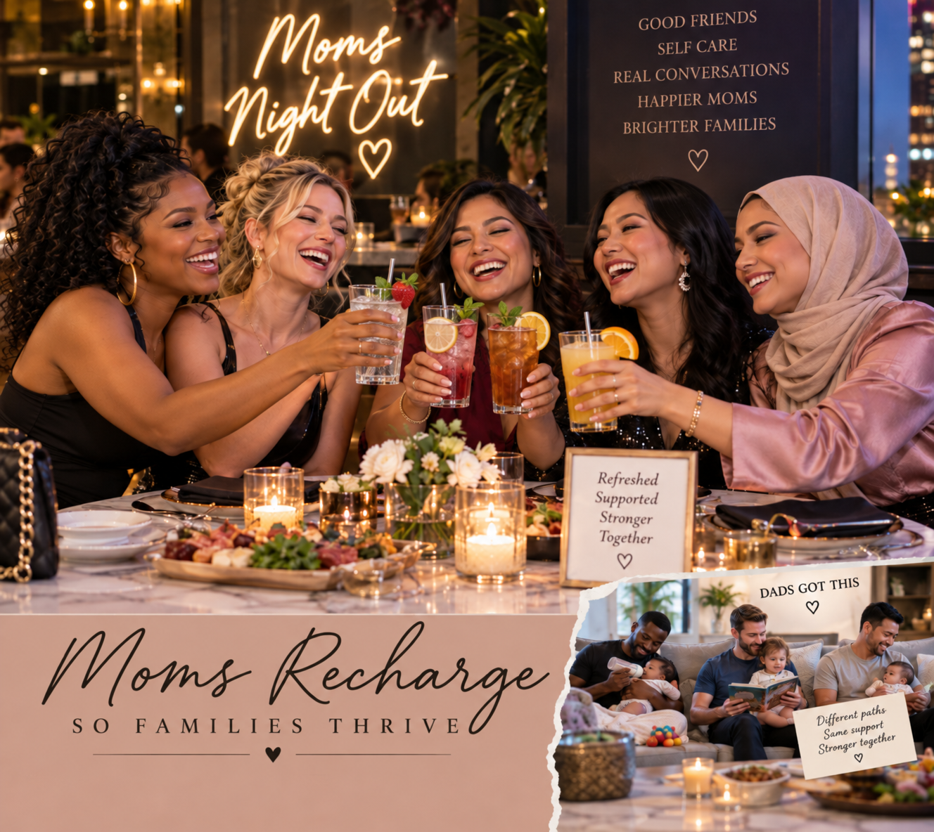 Moms Night Out campaign collage: moms recharge so families thrive, dads got this