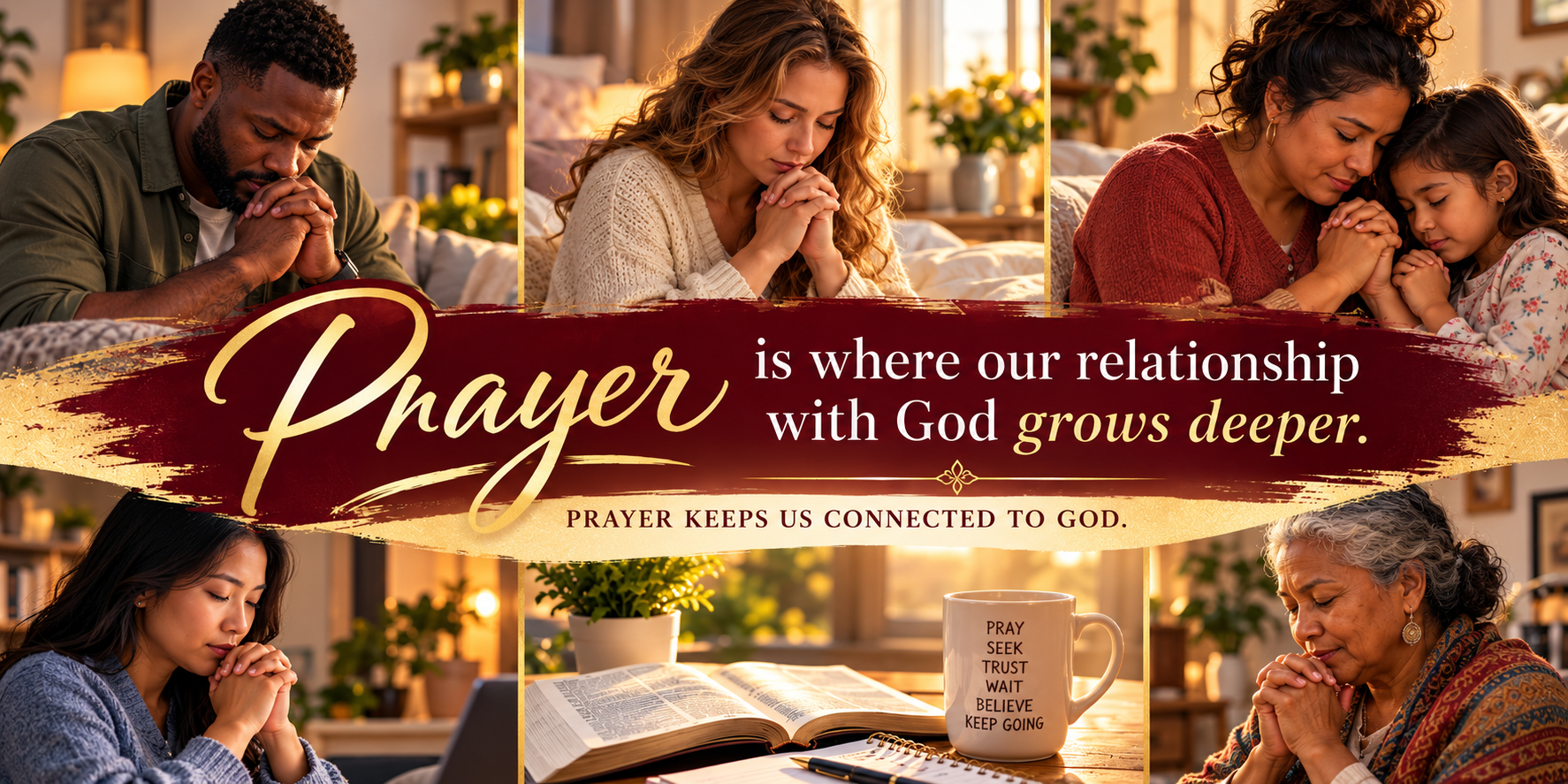 Prayer is where our relationship with God grows deeper. Prayer keeps us connected to God. A multicultural group of people praying in everyday settings at home.