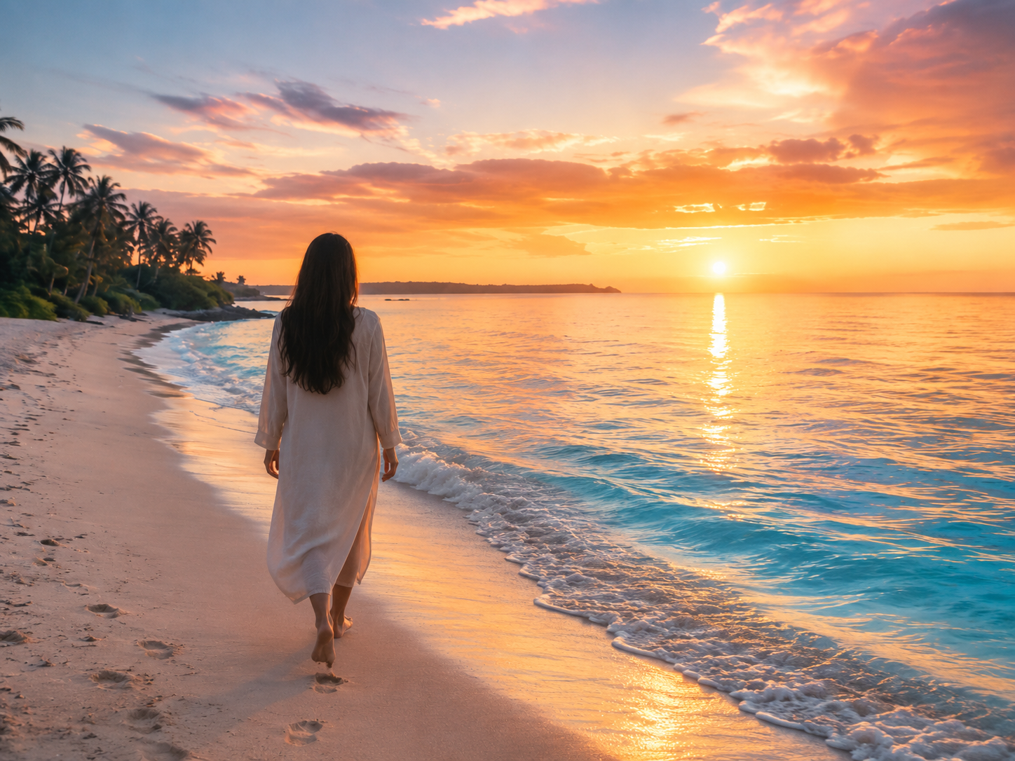 Woman walking along a beach at sunset, symbolizing walking by faith.