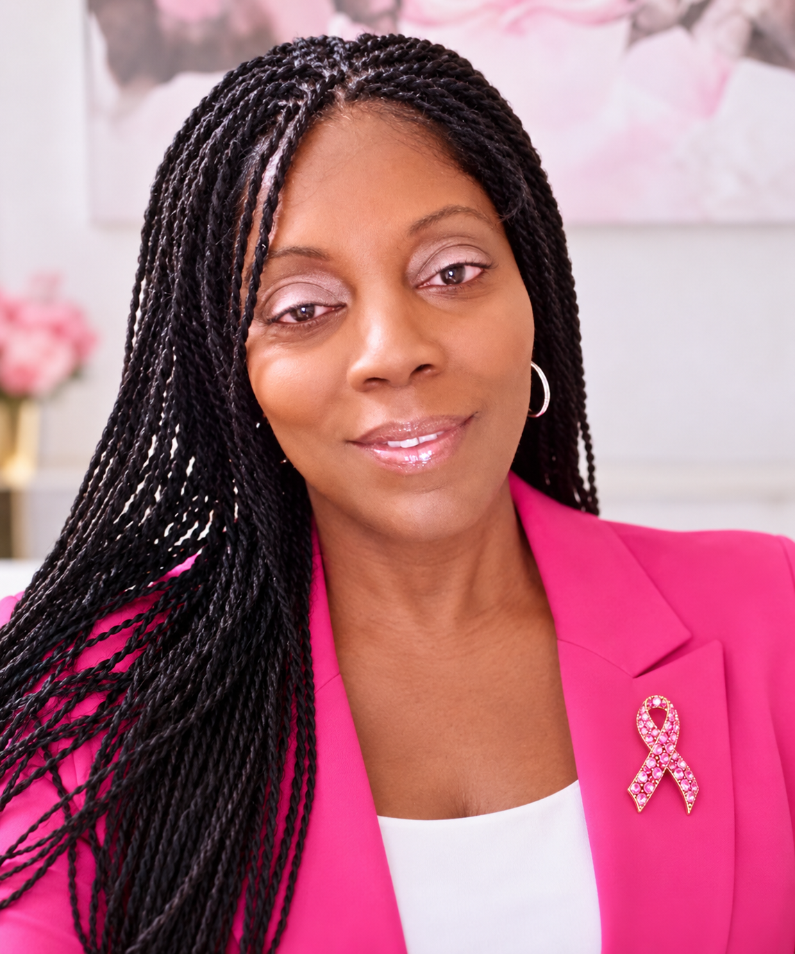 Sebrina Petterson wearing a pink blazer and pink ribbon pin
