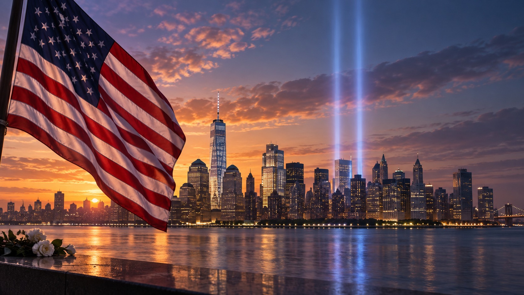 An American flag waving beside the Manhattan skyline at dusk, with the Tribute in Light memorial beams rising into the sky and white roses laid in remembrance.