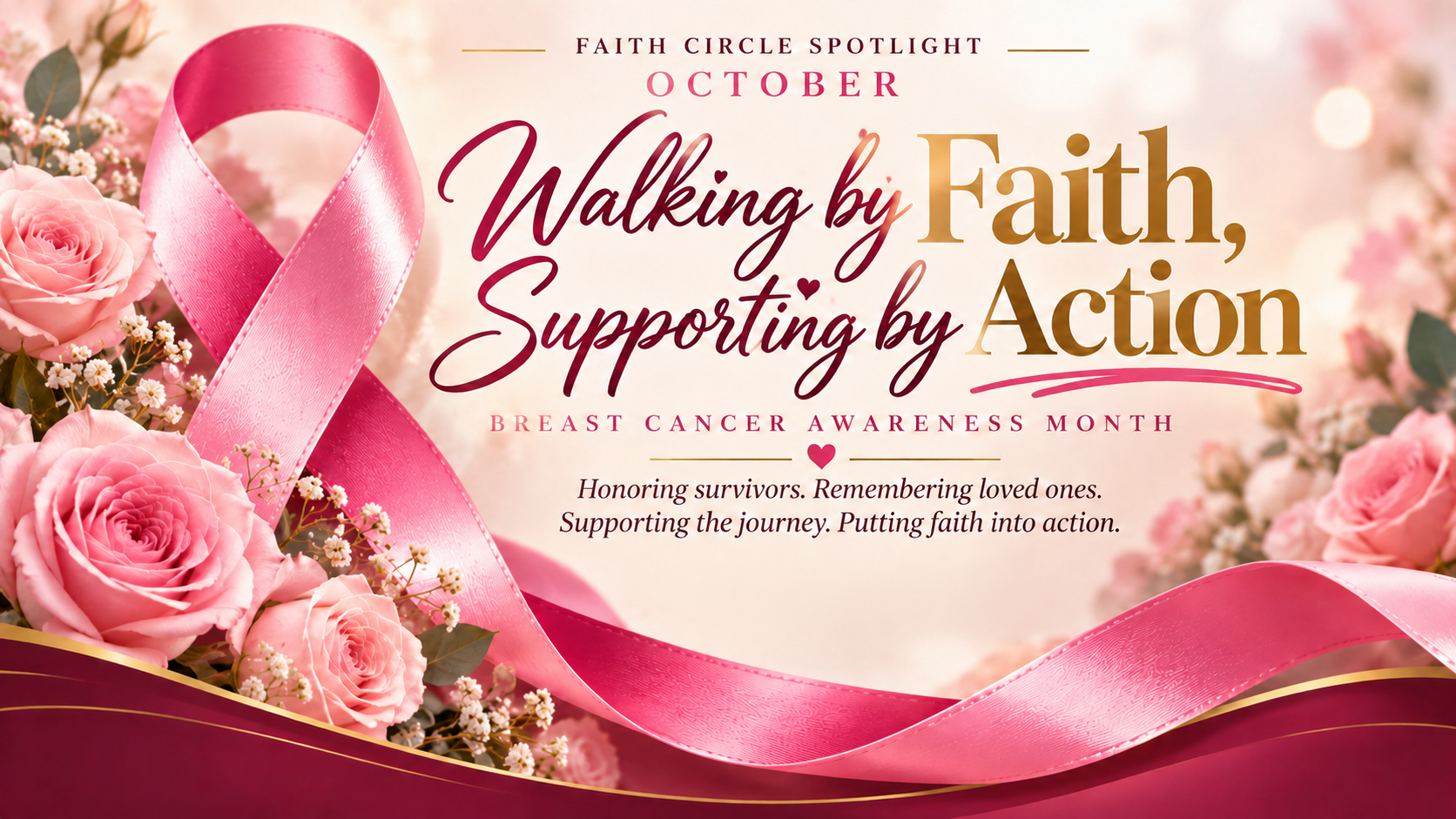 Faith Circle Spotlight, October. Walking by Faith, Supporting by Action. Breast Cancer Awareness Month. Honoring survivors. Remembering loved ones. Supporting the journey. Putting faith into action.