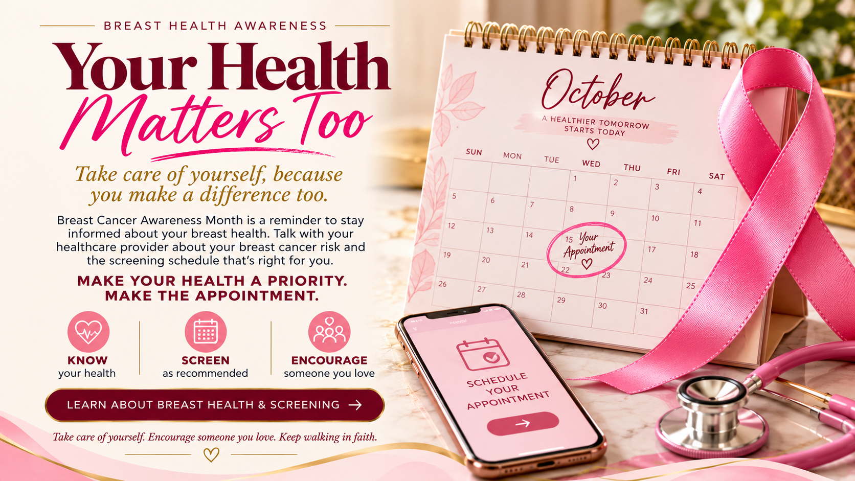 Breast Health Awareness graphic encouraging visitors to know their breast health, follow recommended screening guidance, encourage someone they love, and make their health a priority.
