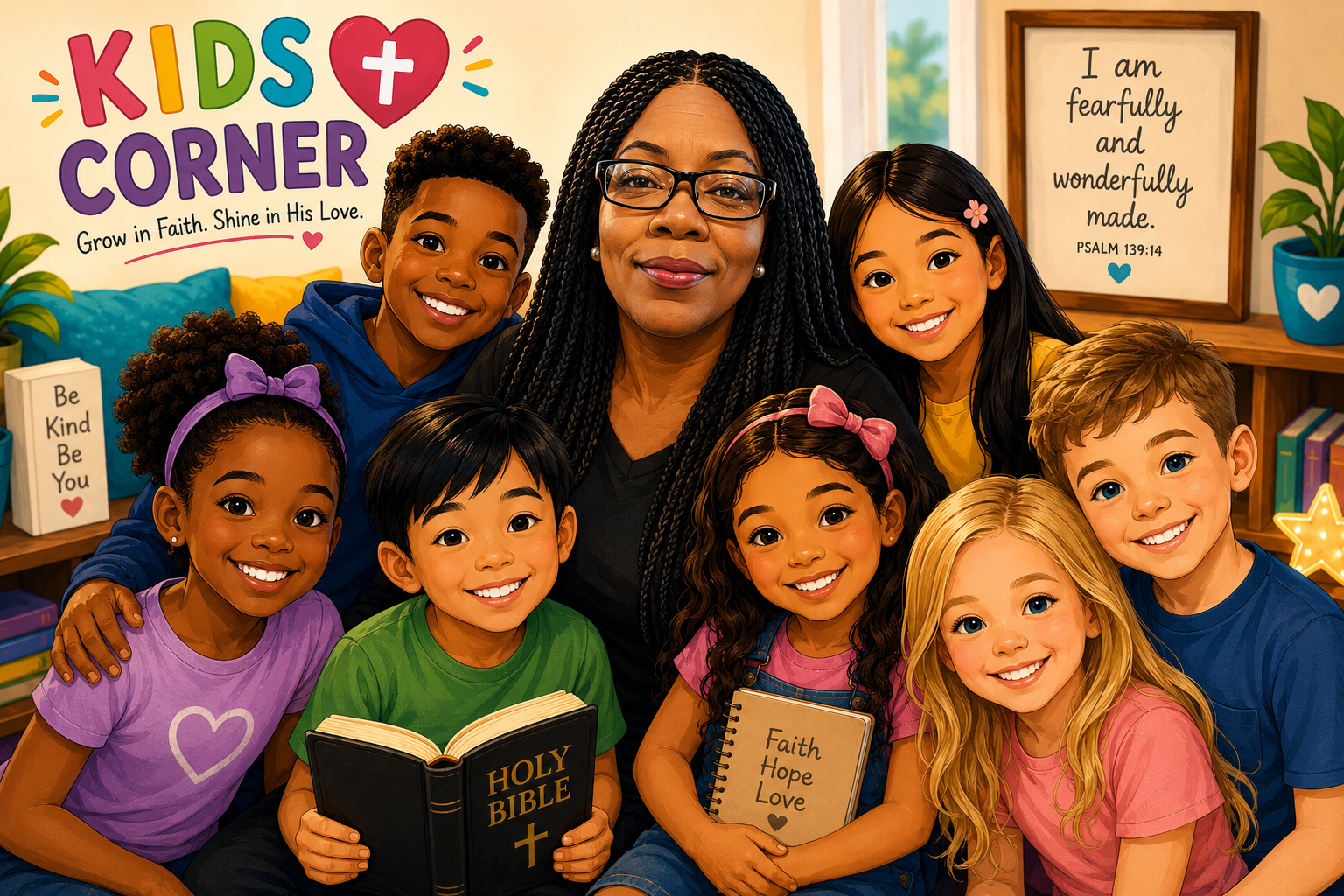Sebrina surrounded by a diverse group of children in a bright, faith-filled Kids Corner setting.