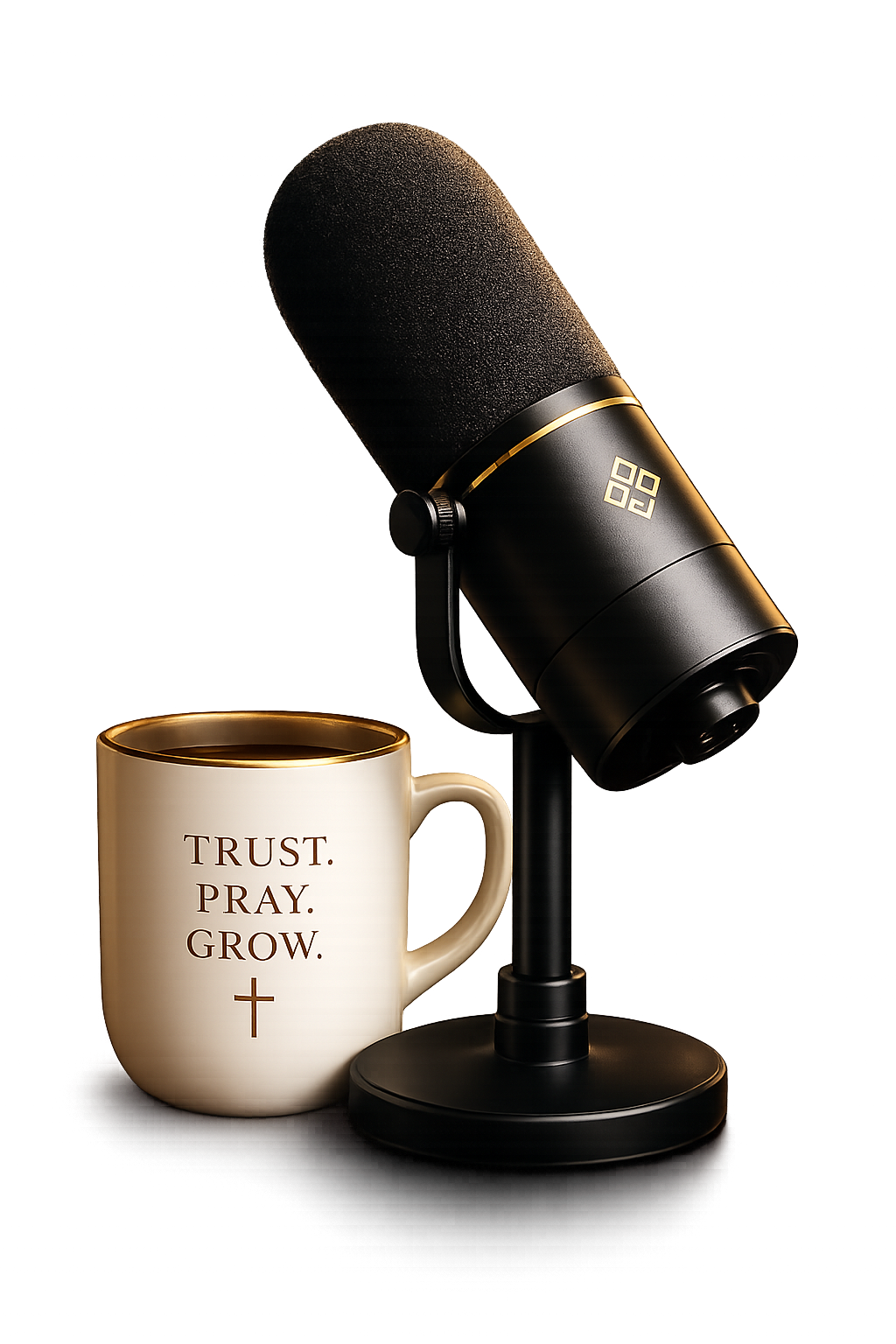 Professional podcast microphone beside a mug reading Trust. Pray. Grow.