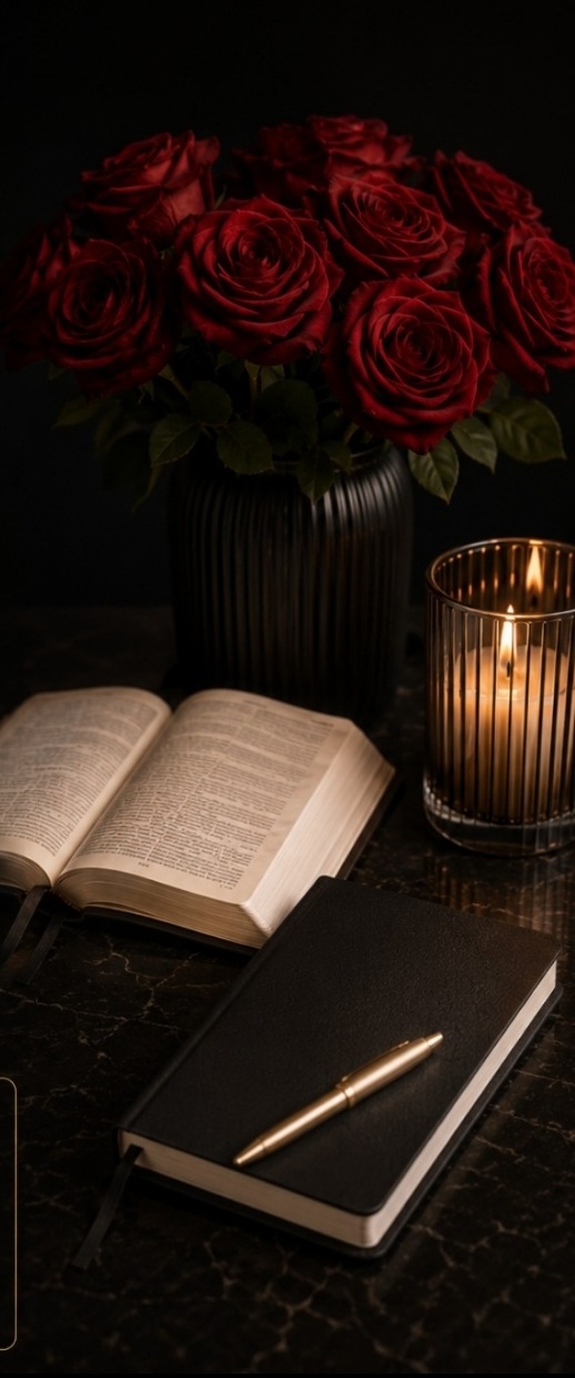An open Bible, journal, pen, red roses, and a lit candle on a dark table