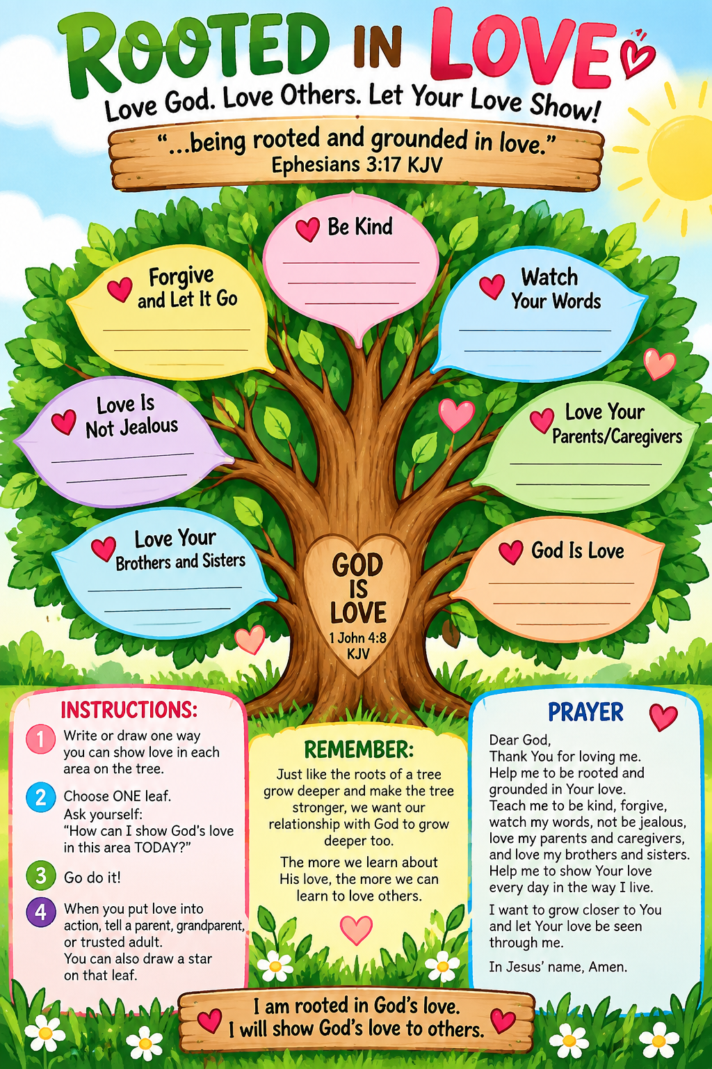 Rooted in Love printable activity: a leafy tree with leaves to fill in