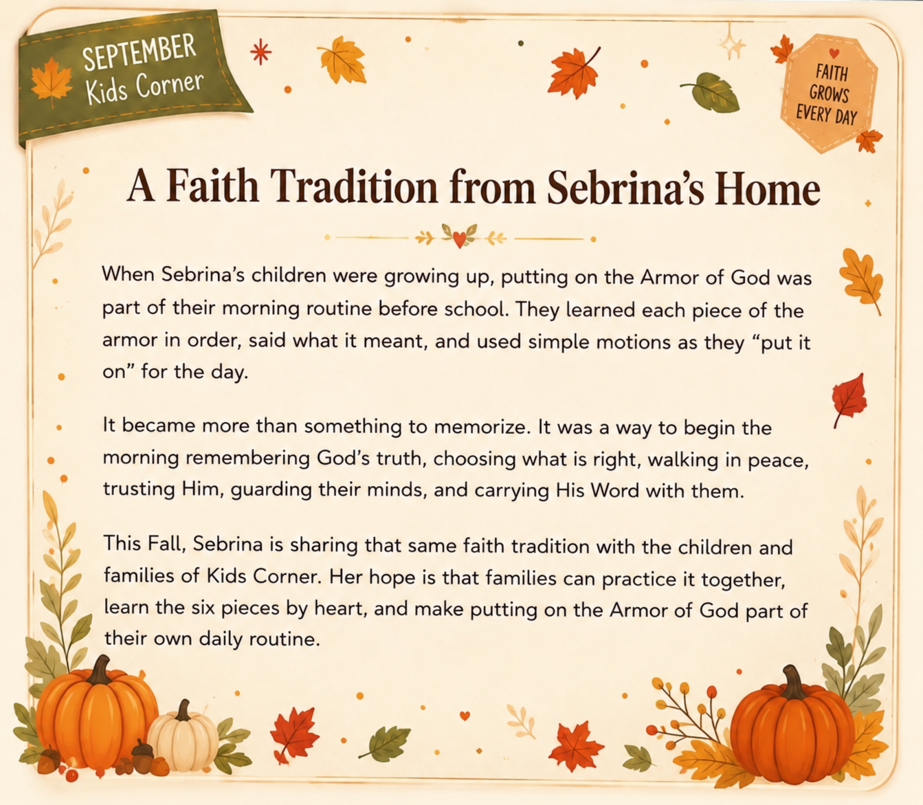 A Faith Tradition from Sebrina's Home – September Kids Corner